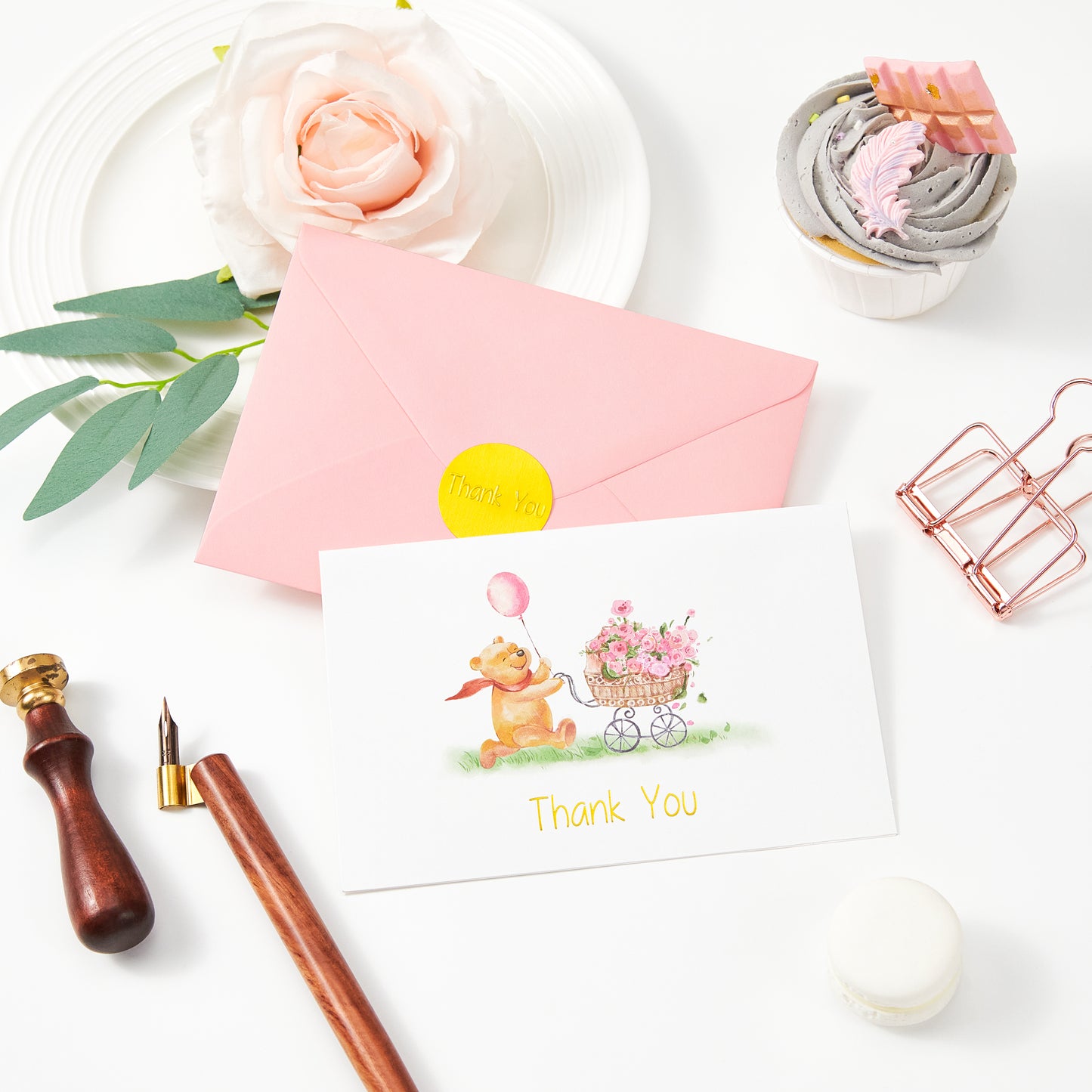 Crisky Baby Shower Girl Thank You Cards with Envelopes 25 Pack Pink Baby Shower Greeting Notes Bulk (Winnie the Pooh with Baby Carriage)