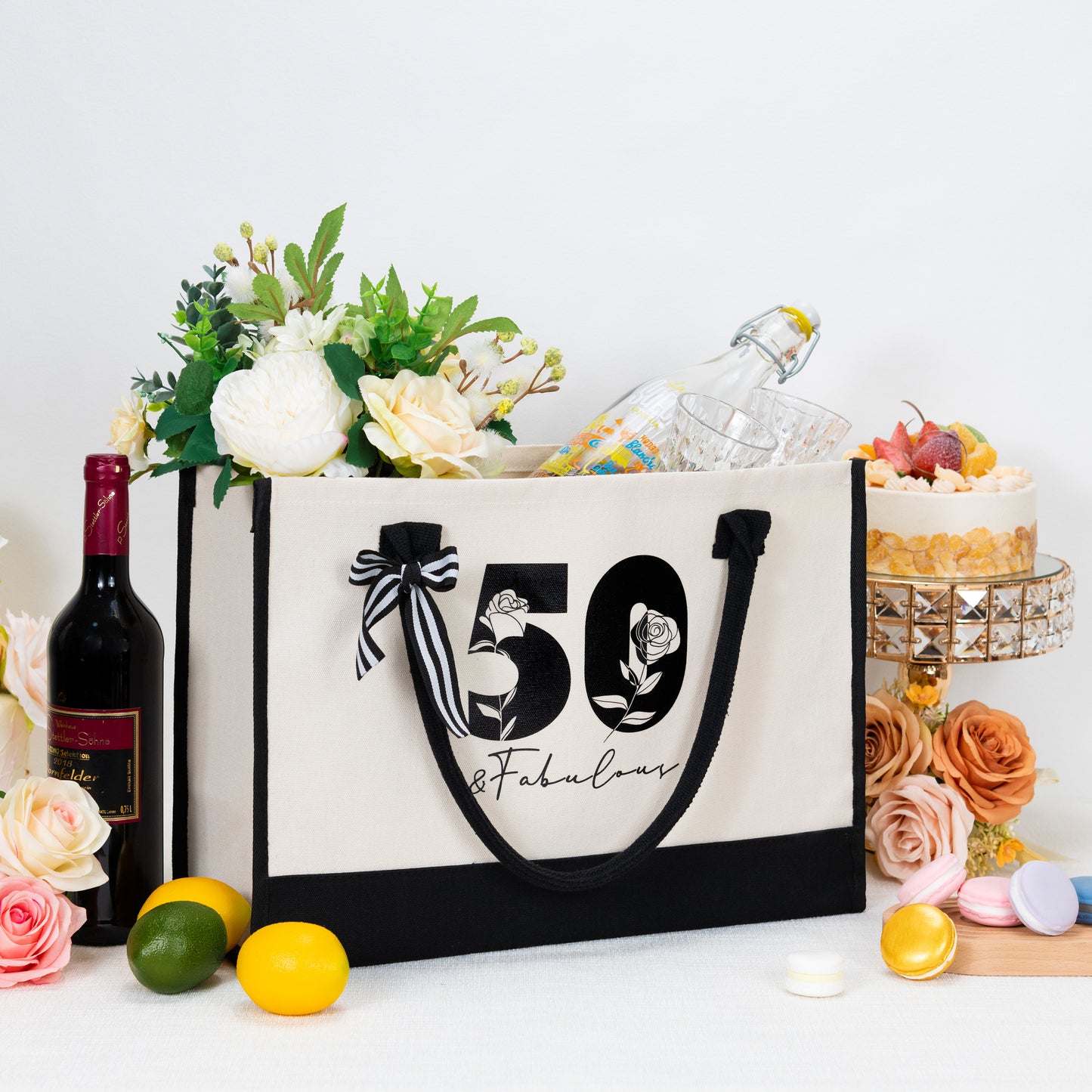 Crisky 50th Birthday Gifts for Women Canvas Tote Bag 50 & Fabulous Beach Bag for Wife/Sister/Mom/Aunt/Friends 50th Birthday Gifts,17" x 12" x 7"