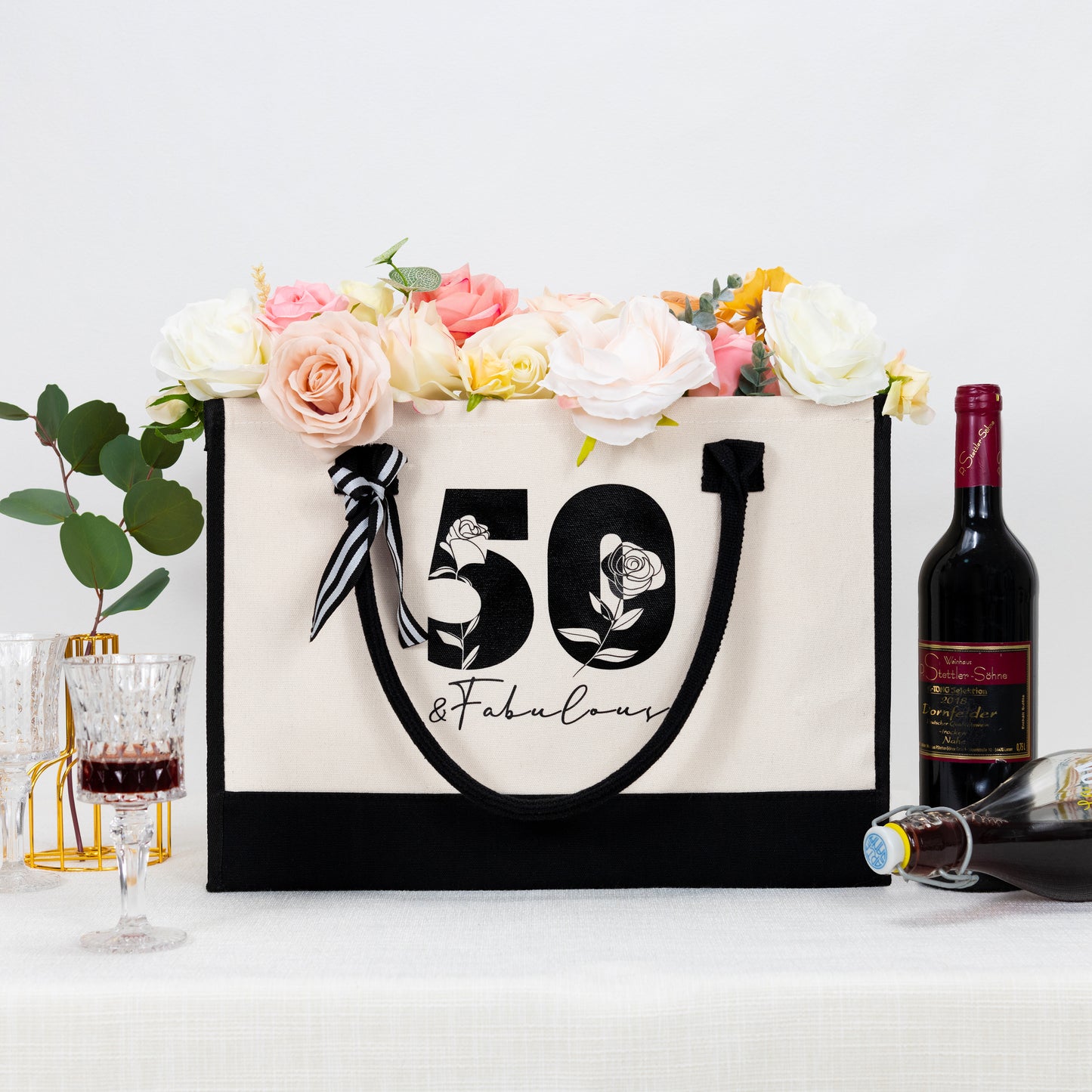 Crisky 50th Birthday Gifts for Women Canvas Tote Bag 50 & Fabulous Beach Bag for Wife/Sister/Mom/Aunt/Friends 50th Birthday Gifts,17" x 12" x 7"