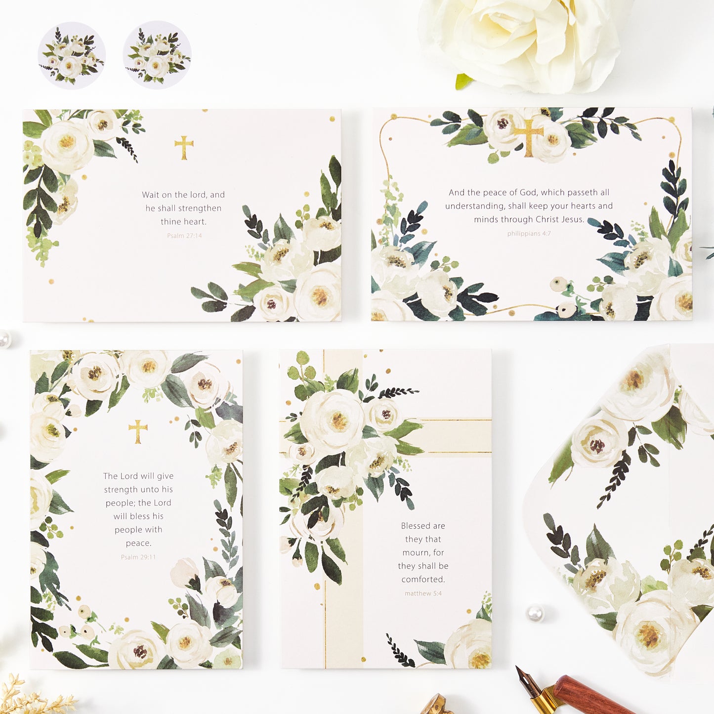 Crisky 12 Pack Religious Sympathy Cards with Scripture Watercolor White Flower with Envelope & Sticker, 4 Assortment (God's Comfort and Bless)