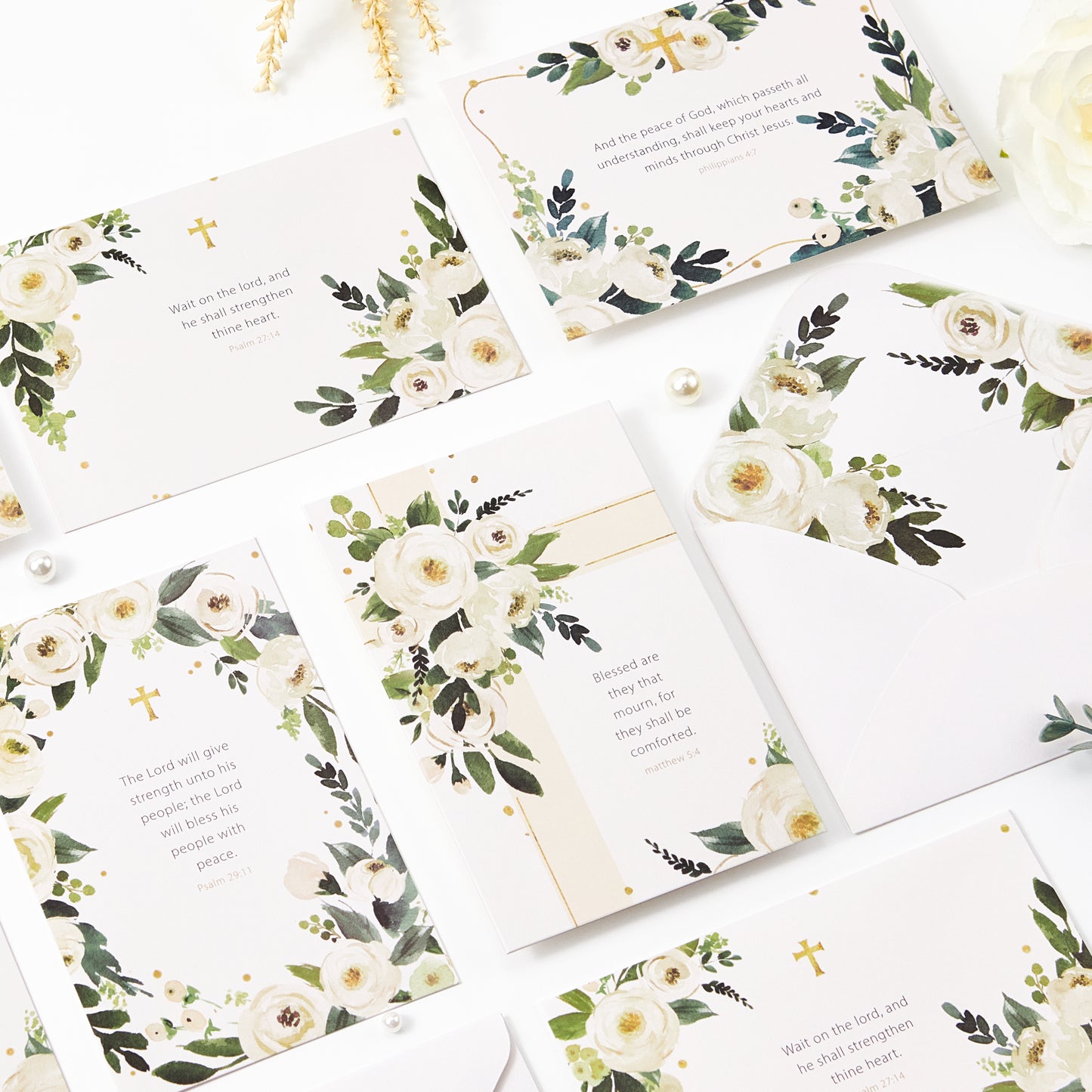Crisky 12 Pack Religious Sympathy Cards with Scripture Watercolor White Flower with Envelope & Sticker, 4 Assortment (God's Comfort and Bless)