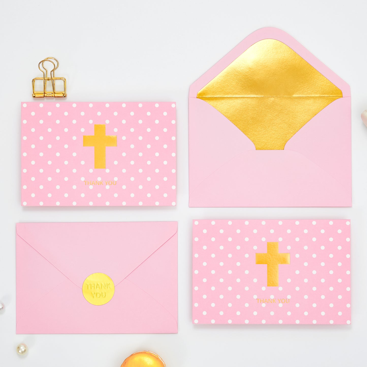 Crisky Girl Baptism Thank You Cards with Envelopes, Christian Cross Thank You Cards Baby Shower, Religious Thank You Cards, 50 pack Pink Gold Foil for Baptism, Wedding, Funeral, Bridal Shower