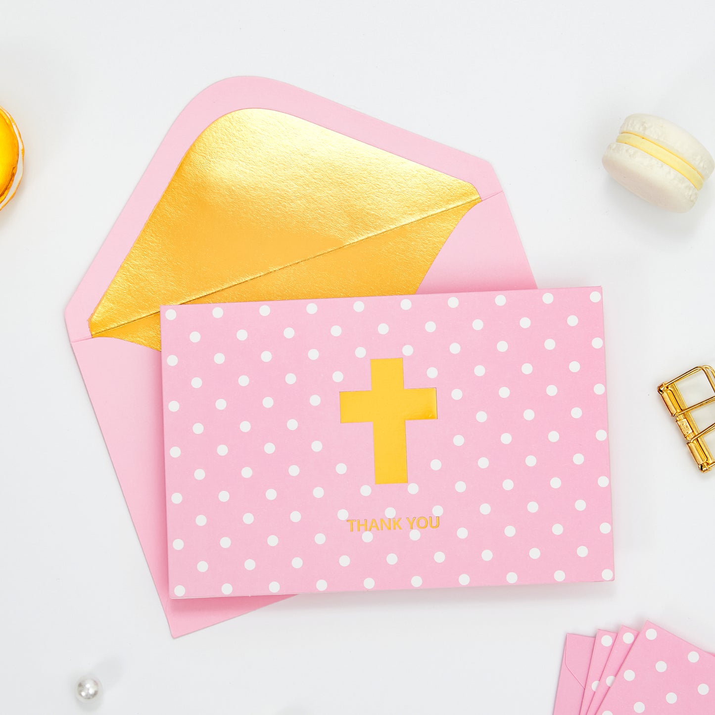 Crisky Girl Baptism Thank You Cards with Envelopes, Christian Cross Thank You Cards Baby Shower, Religious Thank You Cards, 50 pack Pink Gold Foil for Baptism, Wedding, Funeral, Bridal Shower