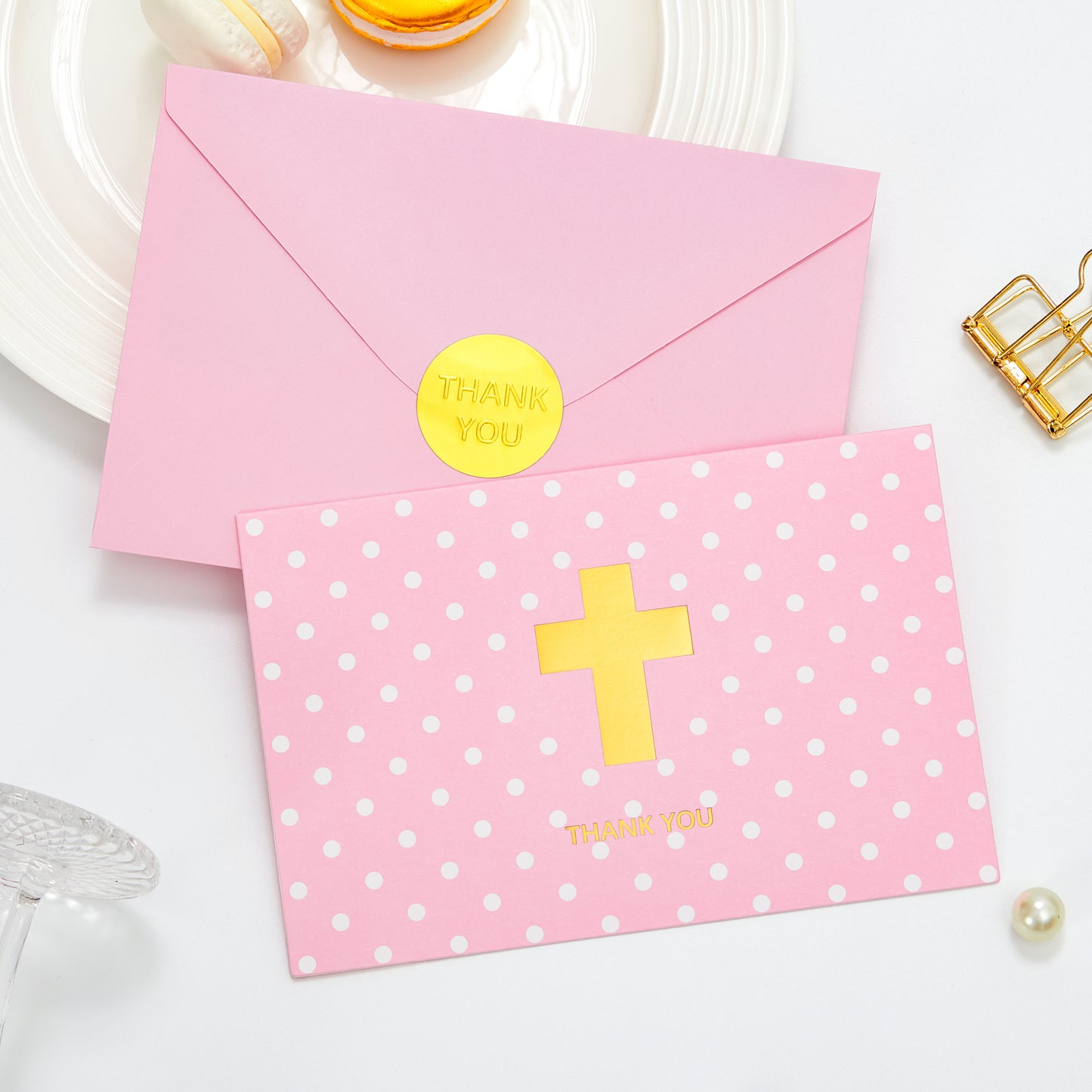 Crisky Girl Baptism Thank You Cards with Envelopes, Christian Cross Thank You Cards Baby Shower, Religious Thank You Cards, 50 pack Pink Gold Foil for Baptism, Wedding, Funeral, Bridal Shower