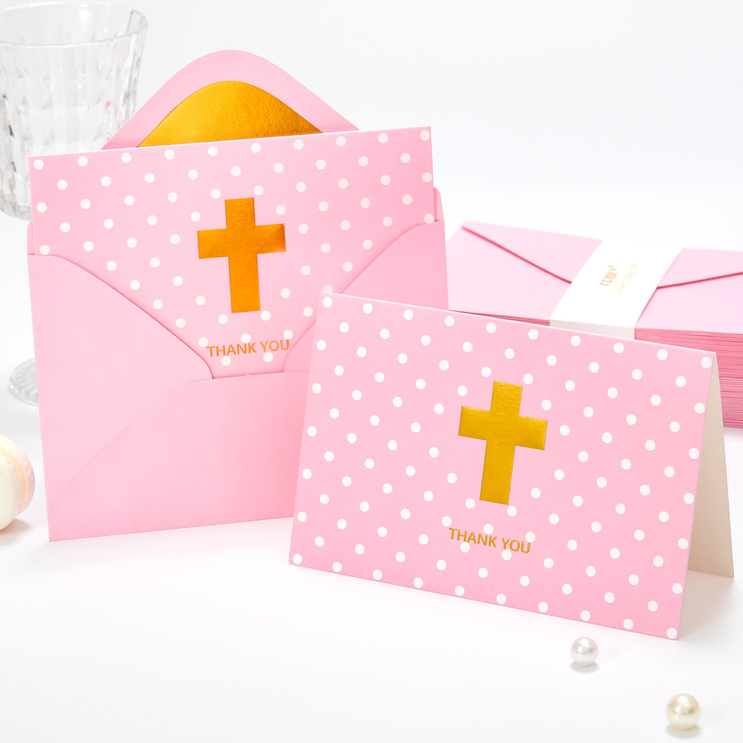 Crisky Girl Baptism Thank You Cards with Envelopes, Christian Cross Thank You Cards Baby Shower, Religious Thank You Cards, 50 pack Pink Gold Foil for Baptism, Wedding, Funeral, Bridal Shower
