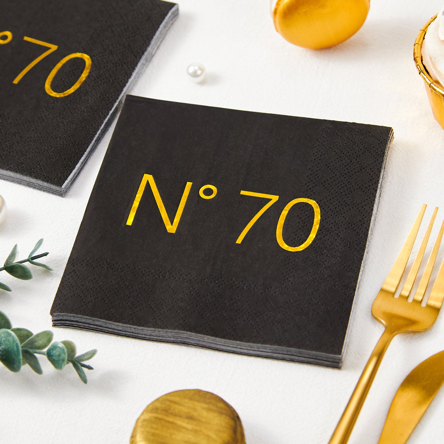 Crisky 50 Pcs N70 Black Gold Foil Cocktail Happy 70th Birthday Disposable Paper Napkins for 70th Birthday Party Decoration, 3-Ply