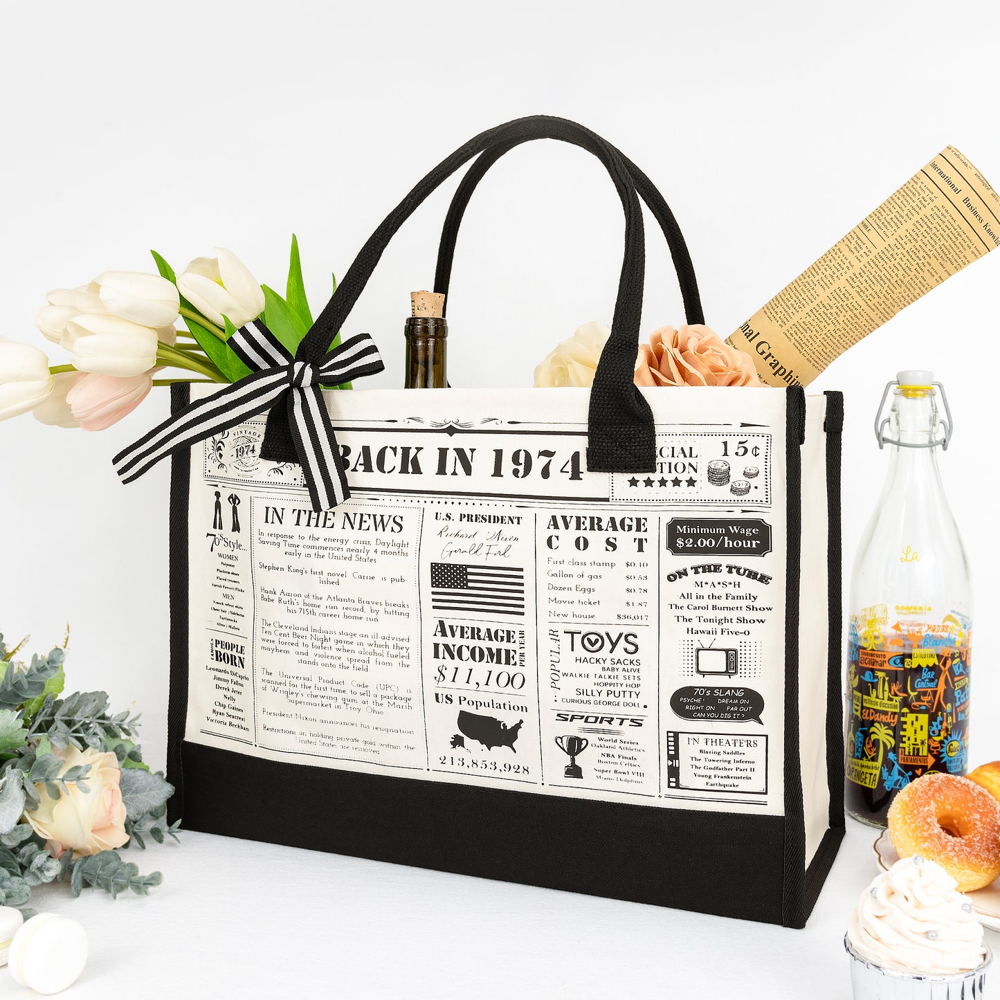 Crisky 50th Birthday Gifts for Women Canvas Tote Bag Vintage 1974 Beach Bag for Wife/Sister/Mom/Aunt/Friends 50th Birthday Gifts,17" x 12" x 7"