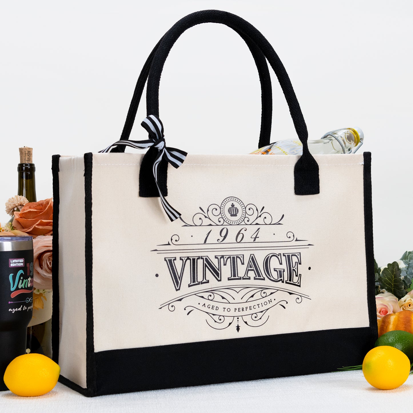 Crisky 60th Birthday Gifts for Women Canvas Tote Bag Vintage 1964 Beach Bag for Wife/Sister/Mom/Aunt/Friends 60th Birthday Gifts,17" x 12" x 7"
