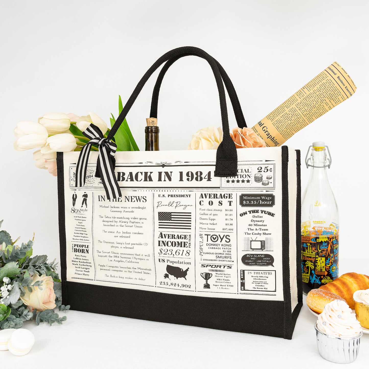 Crisky 40th Birthday Gifts for Women Canvas Tote Bag Vintage 1984 Beach Bag for Wife/Sister/Mom/Aunt/Friends 40th Birthday Gifts,17" x 12" x 7"