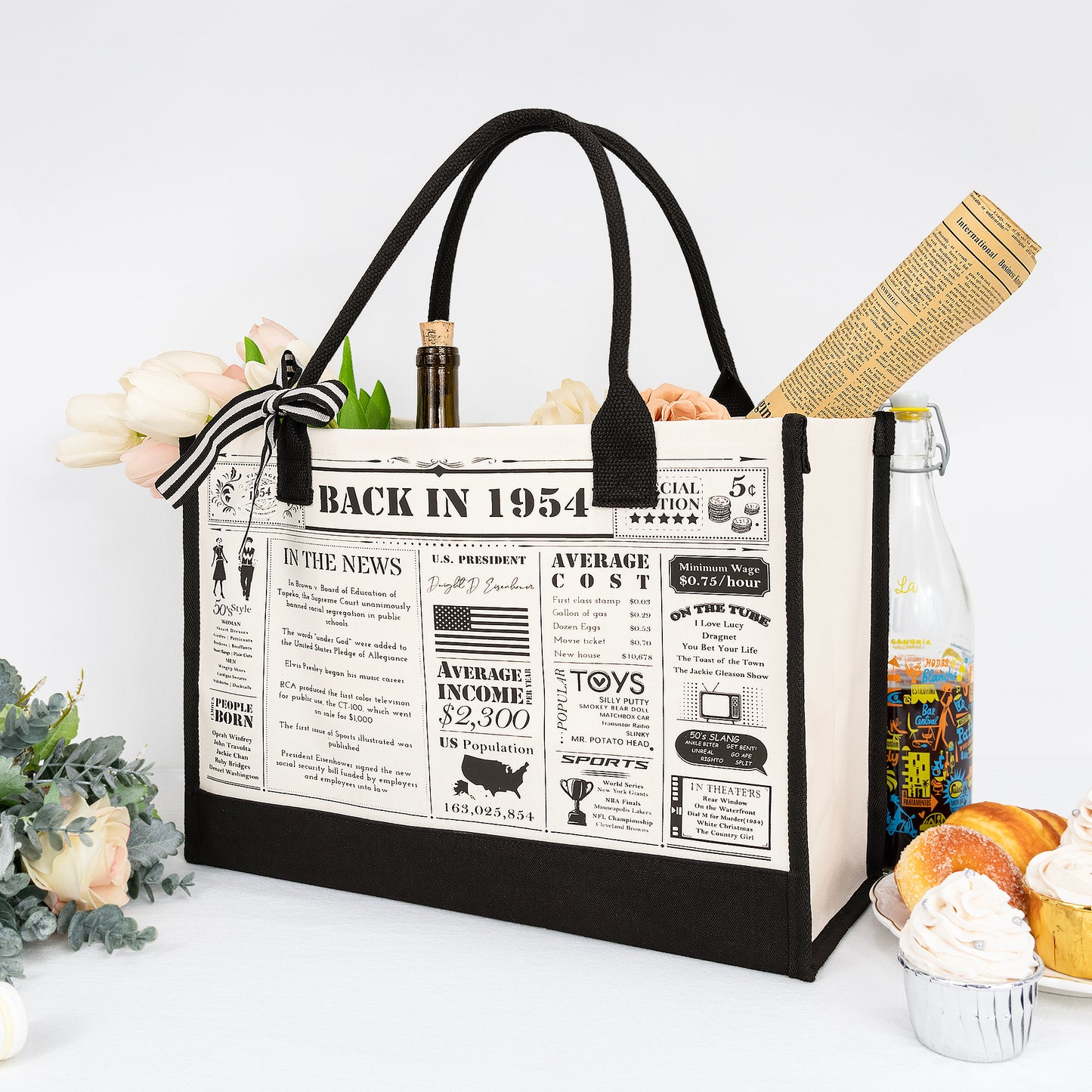 Crisky 70th Birthday Gifts for Women Canvas Tote Bag Vintage 1954 Beach Bag for Wife/Sister/Mom/Aunt/Friends 70th Birthday Gifts,17" x 12" x 7"
