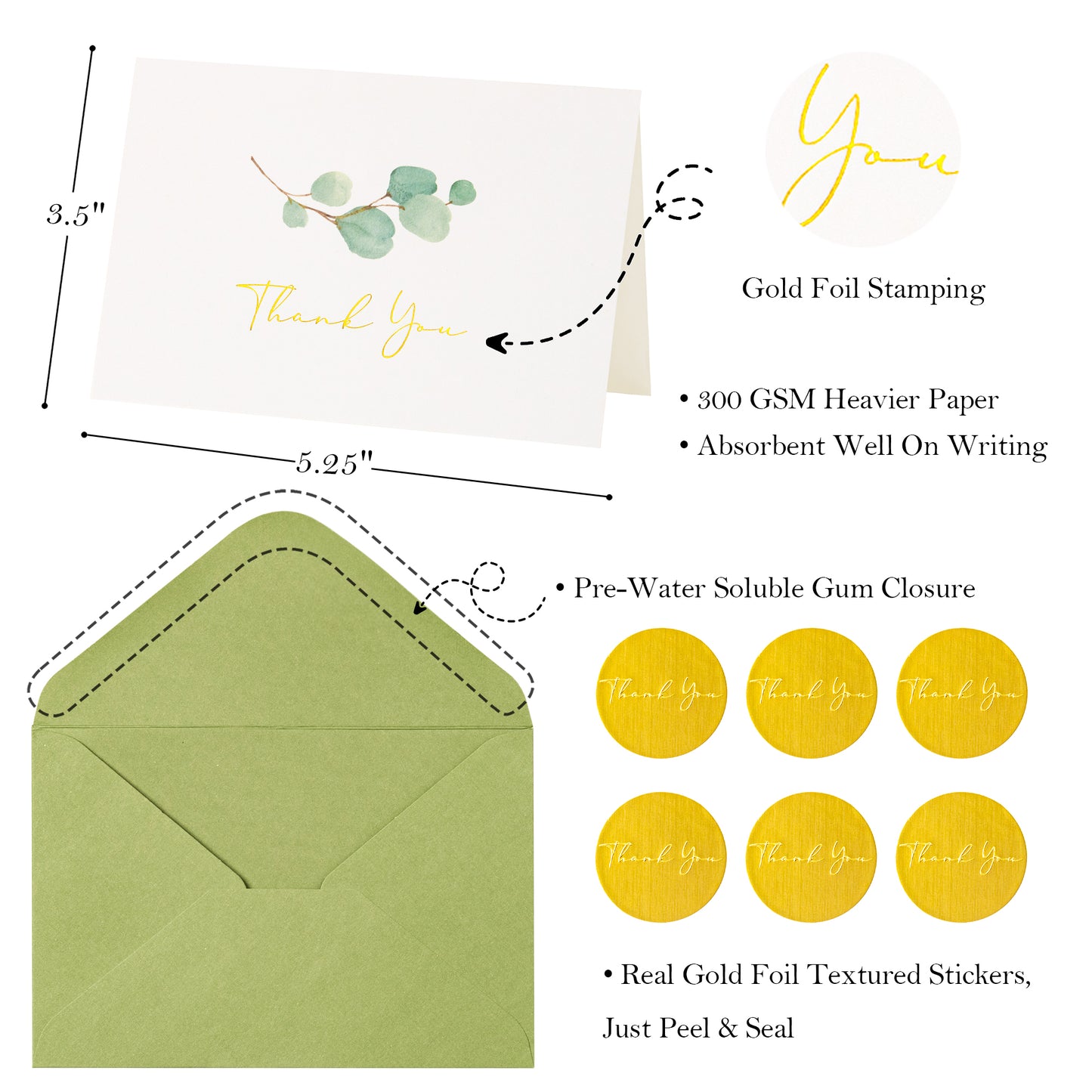 Crisky 100 PK Greenery Thank You Cards with Envelopes Bulk - 5 x 3.5 Inches Gold Greenery Thank You Cards Notes for Wedding, Baby Shower, Bridal Shower, Small Business, Birthday
