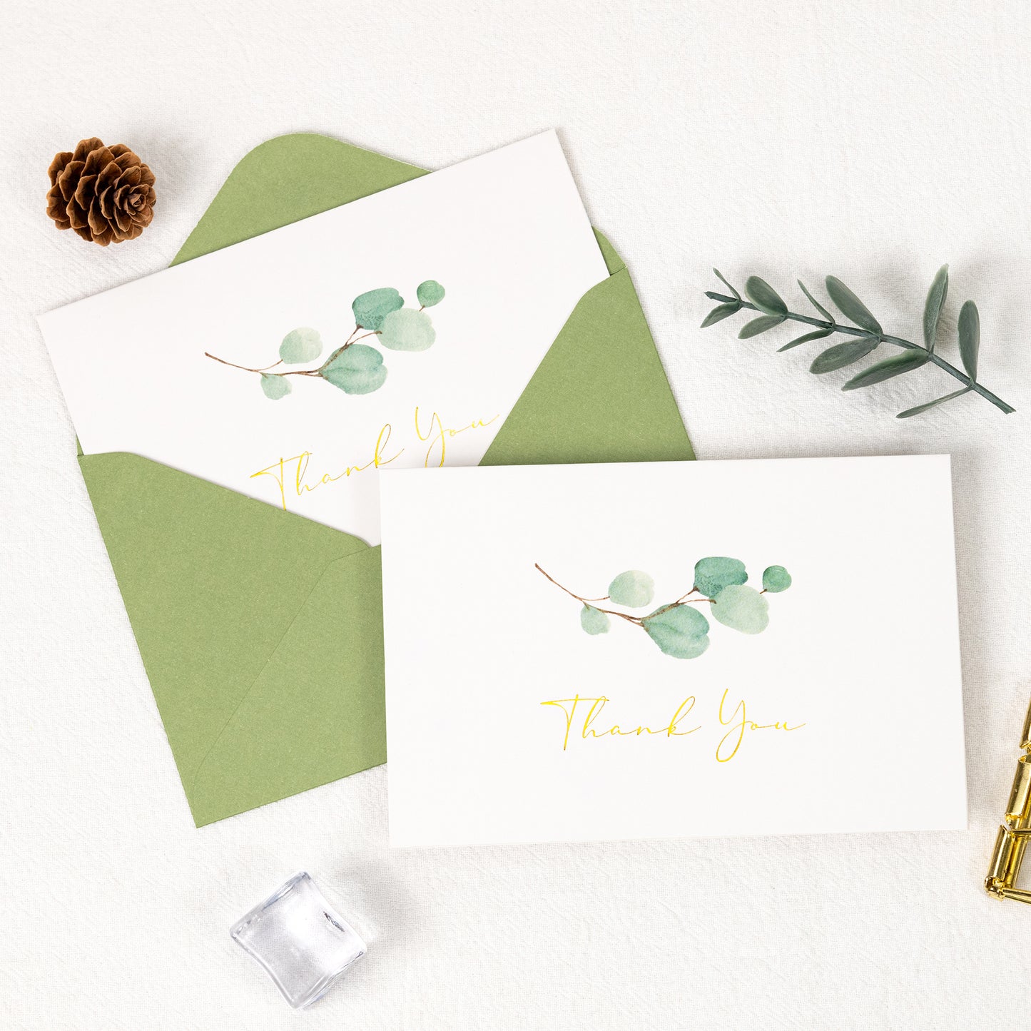 Crisky 100 PK Greenery Thank You Cards with Envelopes Bulk - 5 x 3.5 Inches Gold Greenery Thank You Cards Notes for Wedding, Baby Shower, Bridal Shower, Small Business, Birthday