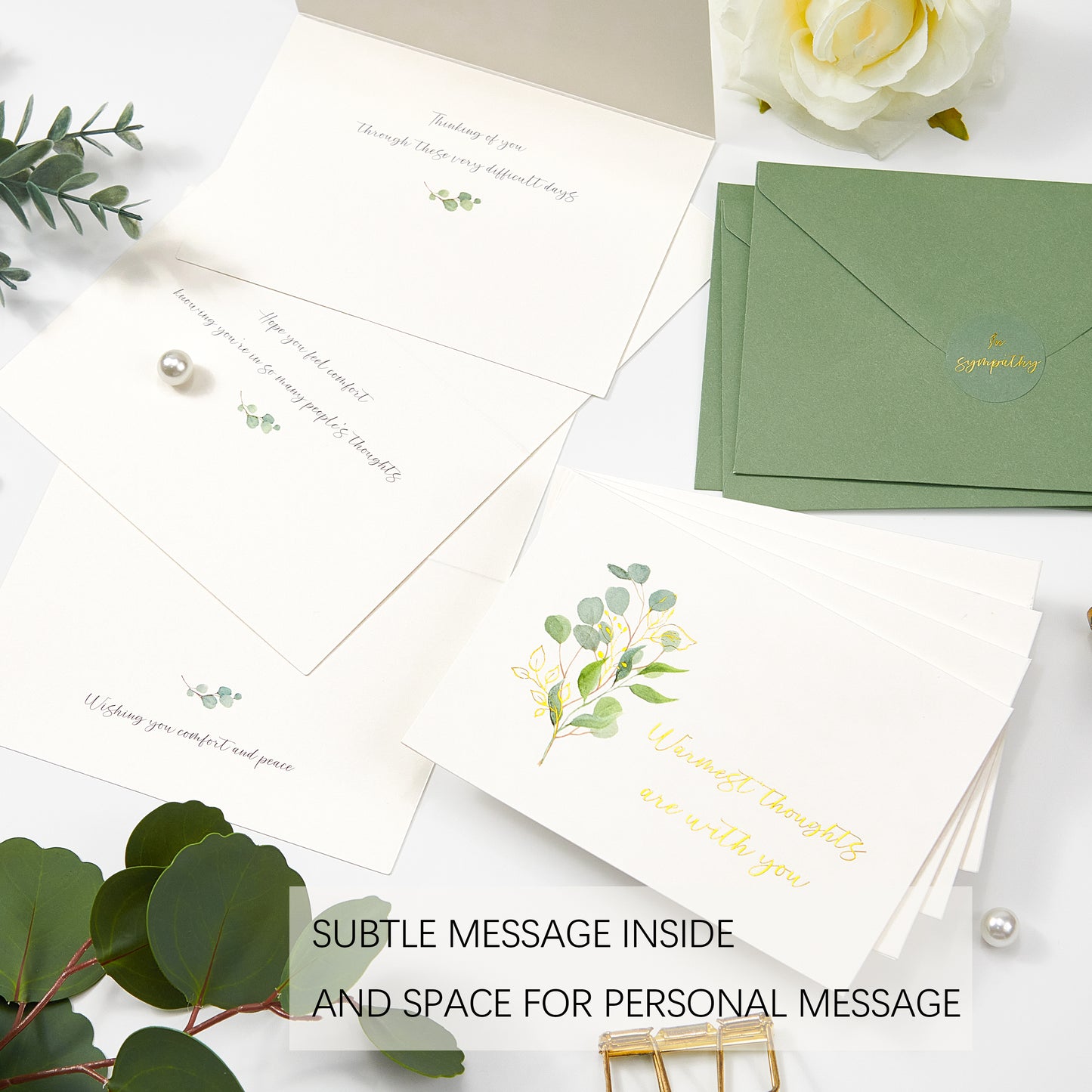 Crisky 25 Pack Greenery Gold Foil Sympathy Cards with Envelopes Boxed 4 Assortment Condolence/Bereavement Cards