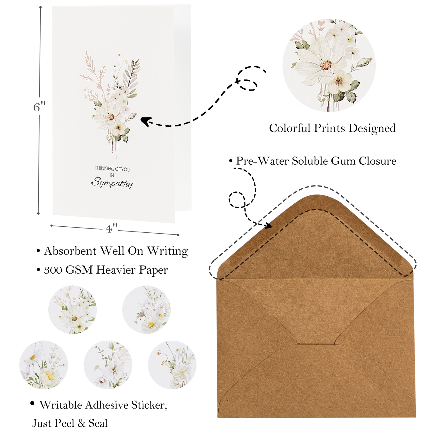 Crisky 4 Pack Watercolor White WildFlower Sympathy Cards with Envelopes Sealed 4 Assortment Condolence/Bereavement Cards