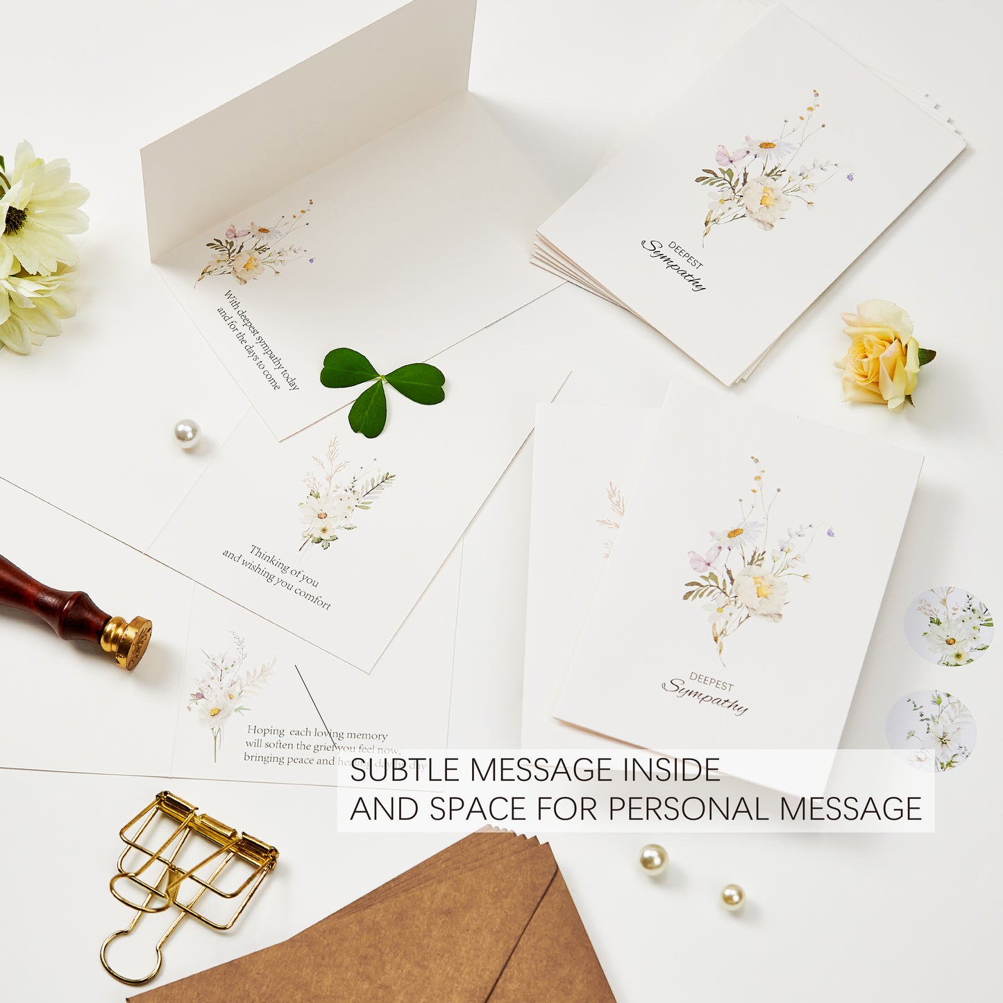 Crisky 4 Pack Watercolor White WildFlower Sympathy Cards with Envelopes Sealed 4 Assortment Condolence/Bereavement Cards