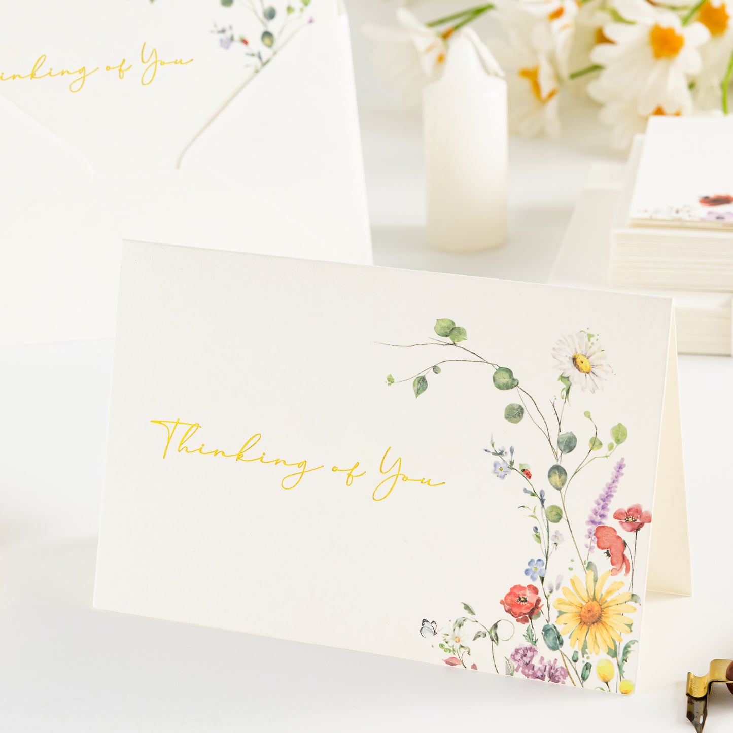 Crisky 25 Pack Wildflower Gold Foil Thinking of You Greeting Cards with Envelopes Boxed 4 Assortment Encouragement Cards to Send to Close Friends, Relative or Loved Ones