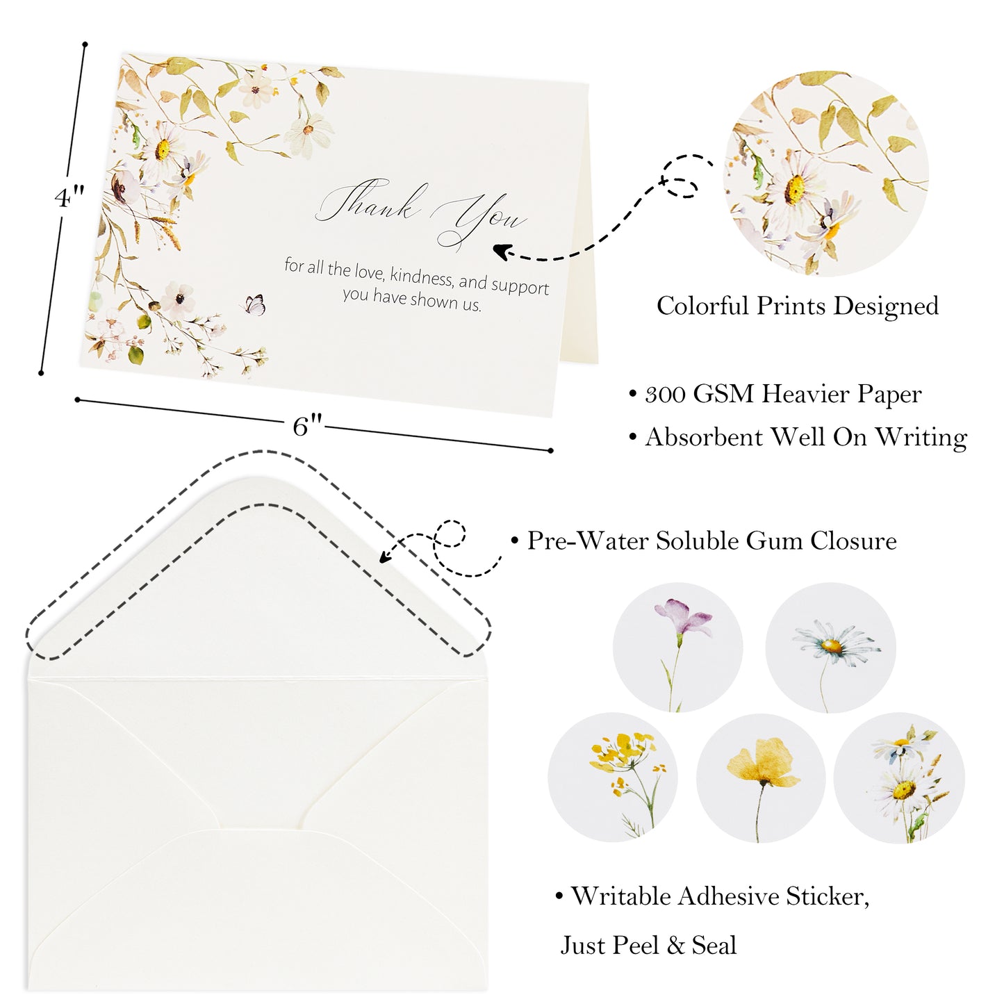 Crisky 50 Pack Funeral Thank You Cards with Envelopes, Stickers & Message Inside Watercolor Wildflowers Bereavement Sympathy Cards for Funeral Family Friends Boxed 5 Assortment