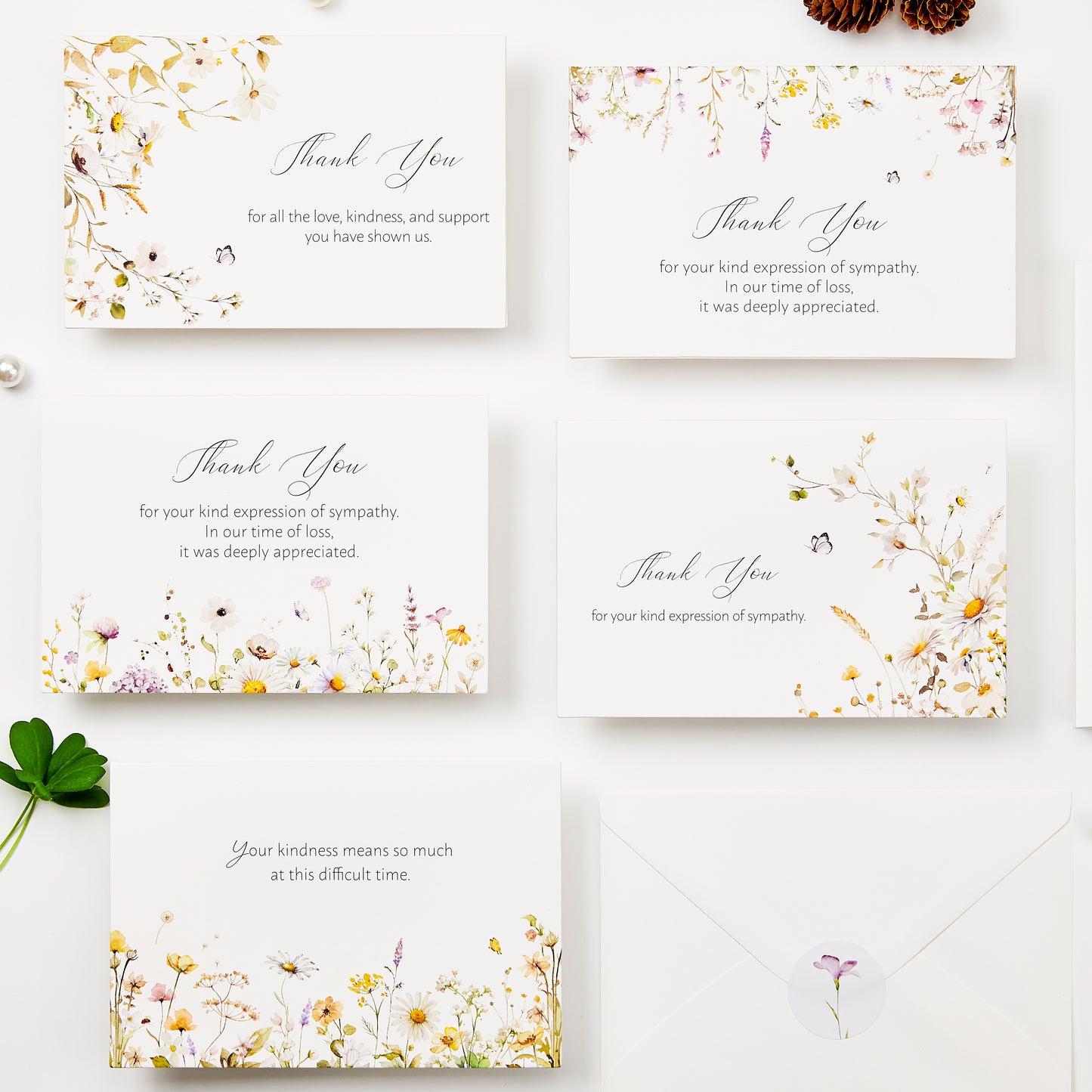 Crisky 50 Pack Funeral Thank You Cards with Envelopes, Stickers & Message Inside Watercolor Wildflowers Bereavement Sympathy Cards for Funeral Family Friends Boxed 5 Assortment