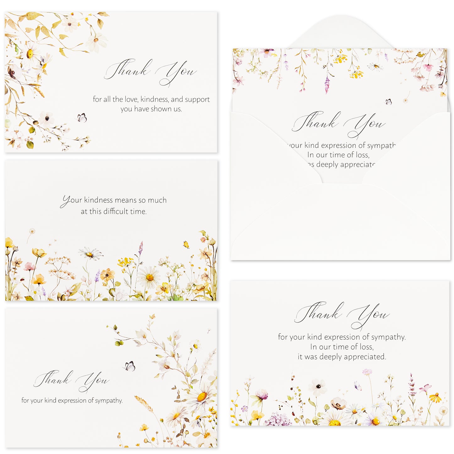 Crisky 50 Pack Funeral Thank You Cards with Envelopes, Stickers & Message Inside Watercolor Wildflowers Bereavement Sympathy Cards for Funeral Family Friends Boxed 5 Assortment