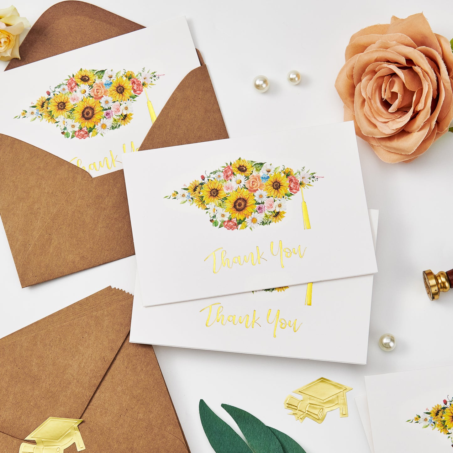 Crisky Graduation Thank You Cards 2024 with Self-adhesive Envelopes & Stickers, 50 PK Graduation Thank You Notes Bulk, Flowers Graduation Cap with Gold Foil Design