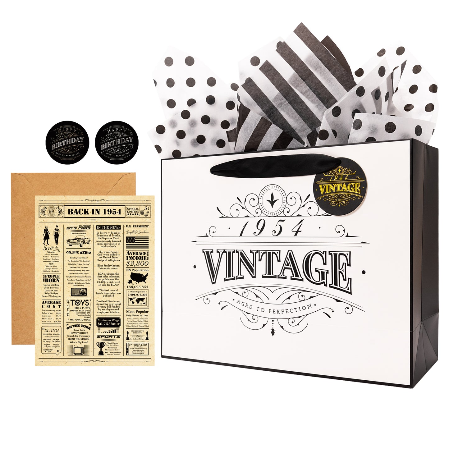 Crisky 12" Large Gift Wrap Bag (History and Trivia from 1954) with Greeting Card Matching Envelope Sticker and Tissue Paper for Women/Wife/Sister/Mom/Aunt/Friends 70th Birthday Gifts