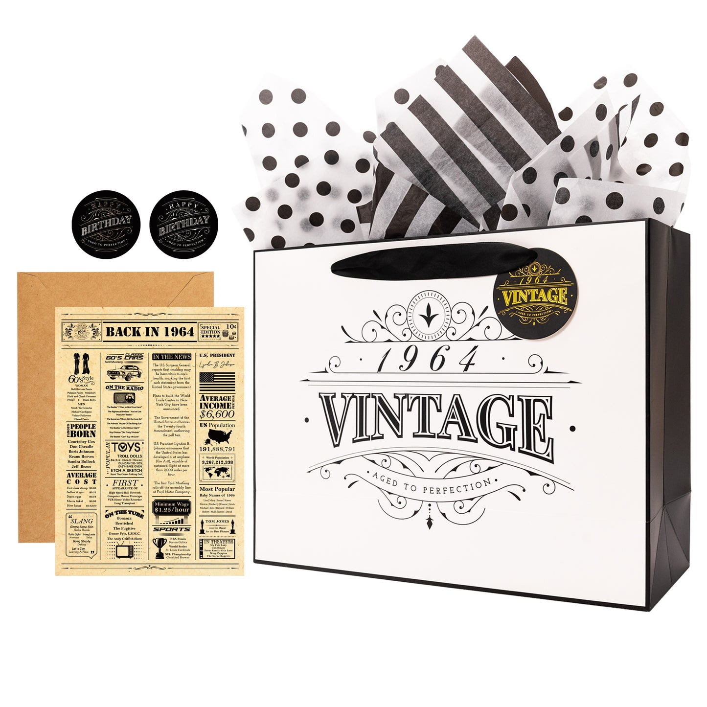 Crisky 12" Large Gift Wrap Bag (History and Trivia from 1964) with Greeting Card Matching Envelope Sticker and Tissue Paper for Women/Wife/Sister/Mom/Aunt/Friends 60th Birthday Gifts