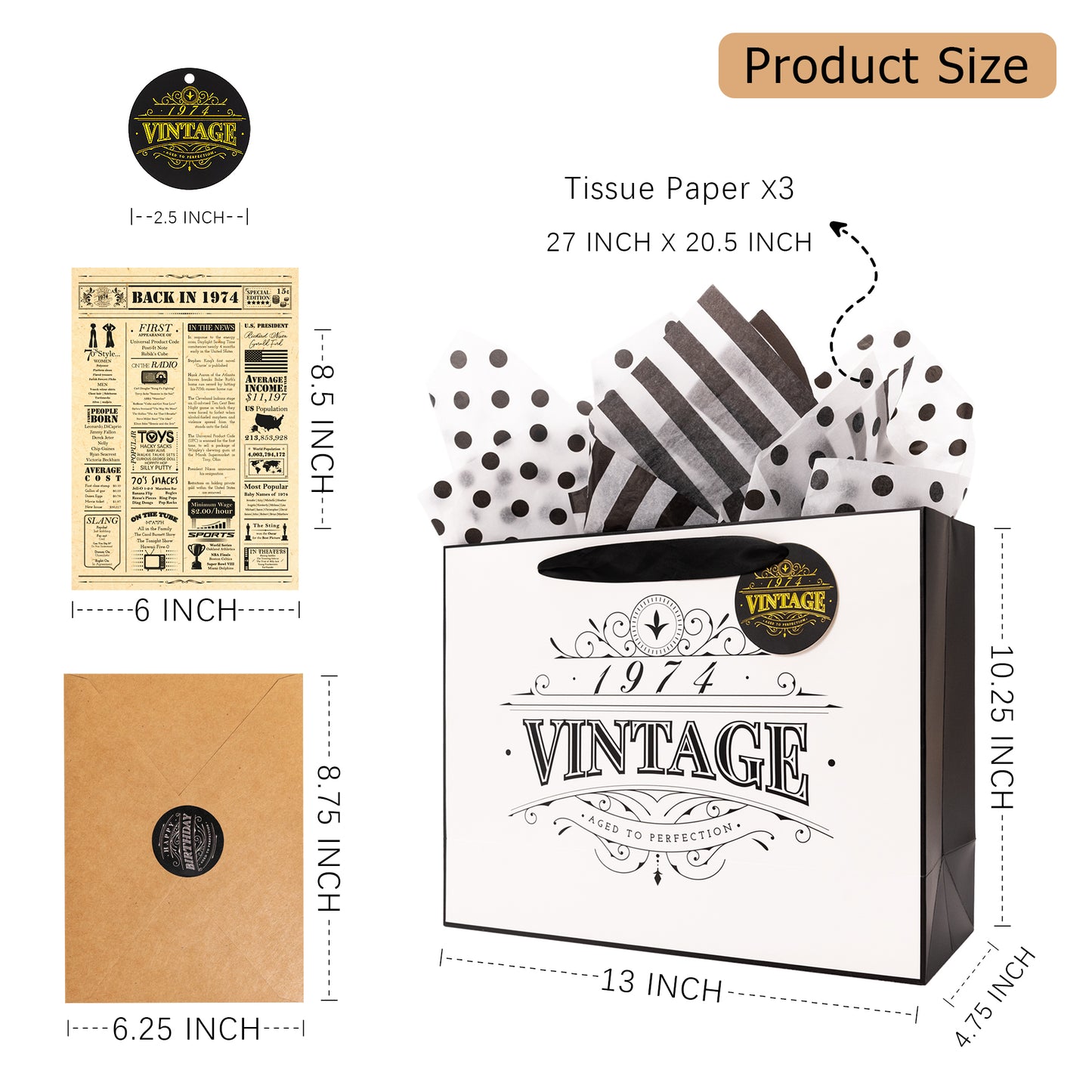 Crisky 50th Birthday Gift Wrap Bag Vintage 1974 with Greeting Card Matching Envelope Sticker and Tissue Paper for Women/Men/Wife/Husband/Mom/Dad, 13" x 10" x 5"