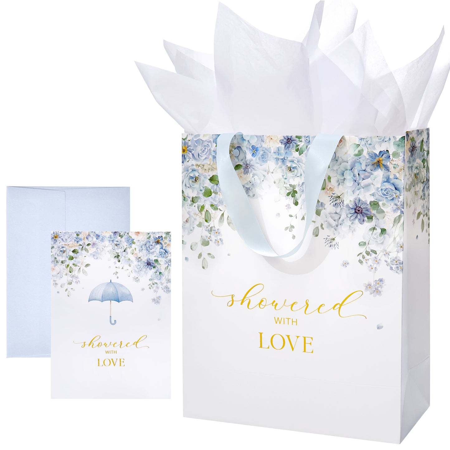Crisky 13" Large Bridal Shower Bag with Bridal Shower Card Flower (Showered with Love) Gift Bag with Tissue Paper, Gift Card for Wedding, Bridal Shower, Engagement Party, Blue Floral