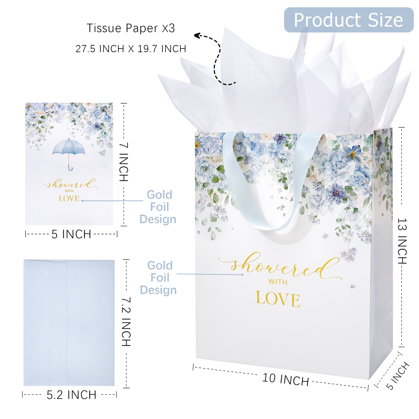 Crisky 13" Large Bridal Shower Bag with Bridal Shower Card Flower (Showered with Love) Gift Bag with Tissue Paper, Gift Card for Wedding, Bridal Shower, Engagement Party, Blue Floral