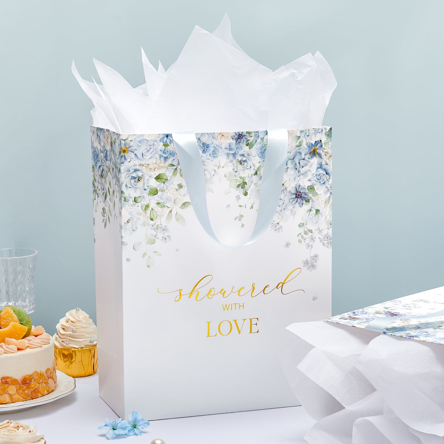 Crisky 13" Large Bridal Shower Bag with Bridal Shower Card Flower (Showered with Love) Gift Bag with Tissue Paper, Gift Card for Wedding, Bridal Shower, Engagement Party, Blue Floral