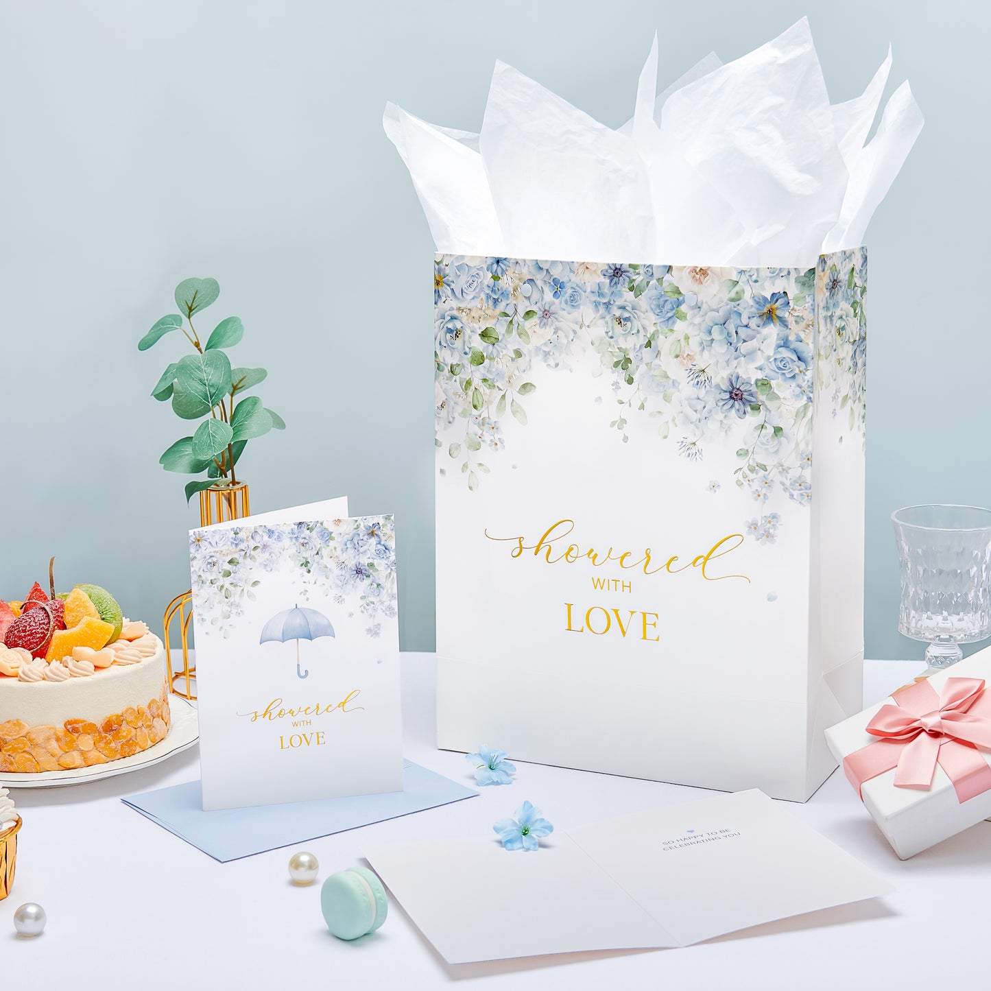 Crisky 13" Large Bridal Shower Bag with Bridal Shower Card Flower (Showered with Love) Gift Bag with Tissue Paper, Gift Card for Wedding, Bridal Shower, Engagement Party, Blue Floral