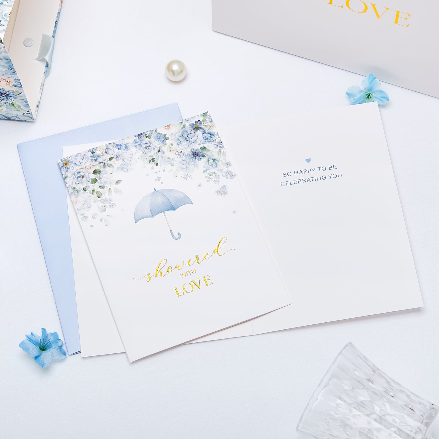 Crisky 13" Large Bridal Shower Bag with Bridal Shower Card Flower (Showered with Love) Gift Bag with Tissue Paper, Gift Card for Wedding, Bridal Shower, Engagement Party, Blue Floral