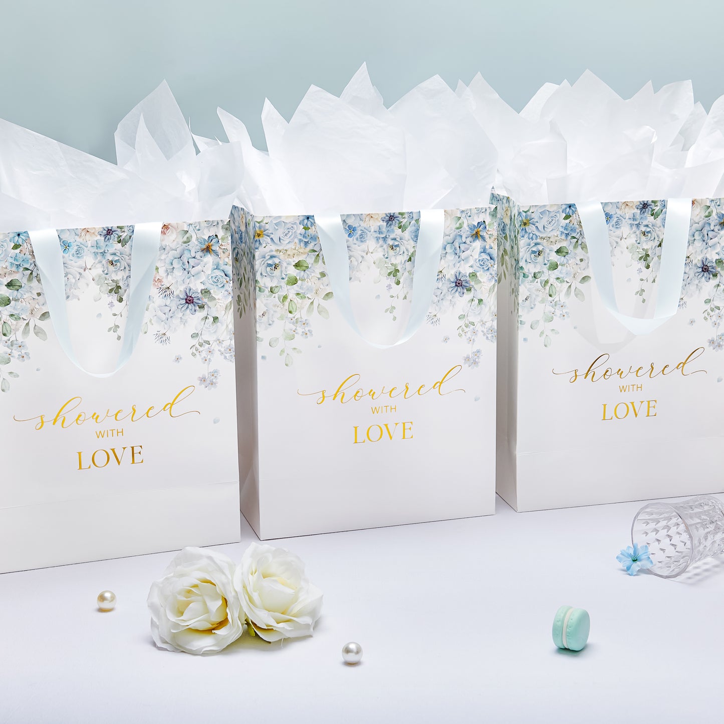 Crisky 13" Large Bridal Shower Bag with Bridal Shower Card Flower (Showered with Love) Gift Bag with Tissue Paper, Gift Card for Wedding, Bridal Shower, Engagement Party, Blue Floral