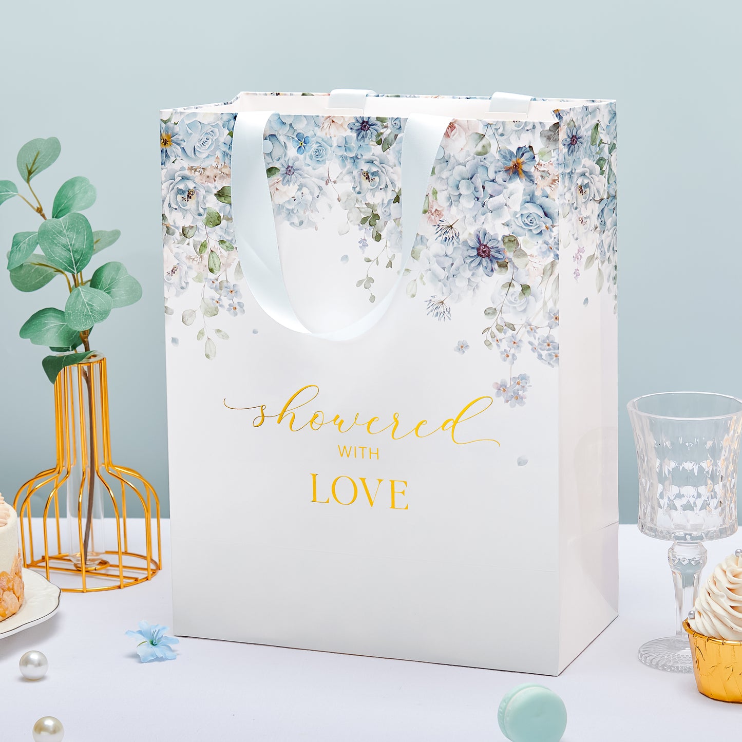 Crisky 13" Large Bridal Shower Bag with Bridal Shower Card Flower (Showered with Love) Gift Bag with Tissue Paper, Gift Card for Wedding, Bridal Shower, Engagement Party, Blue Floral