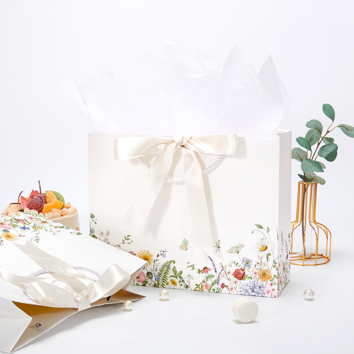 Crisky 2 Pack Wedding Gift Bag with Tissue Paper and Card, Large Gift Bags for Women, Floral Bag for Wedding, Bridal Shower, Engagement, Bachelorette, Birthday, Tea Party