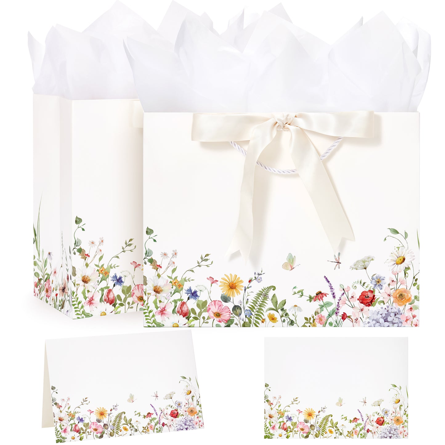 Crisky 2 Pack Wedding Gift Bag with Tissue Paper and Card, Large Gift Bags for Women, Floral Bag for Wedding, Bridal Shower, Engagement, Bachelorette, Birthday, Tea Party