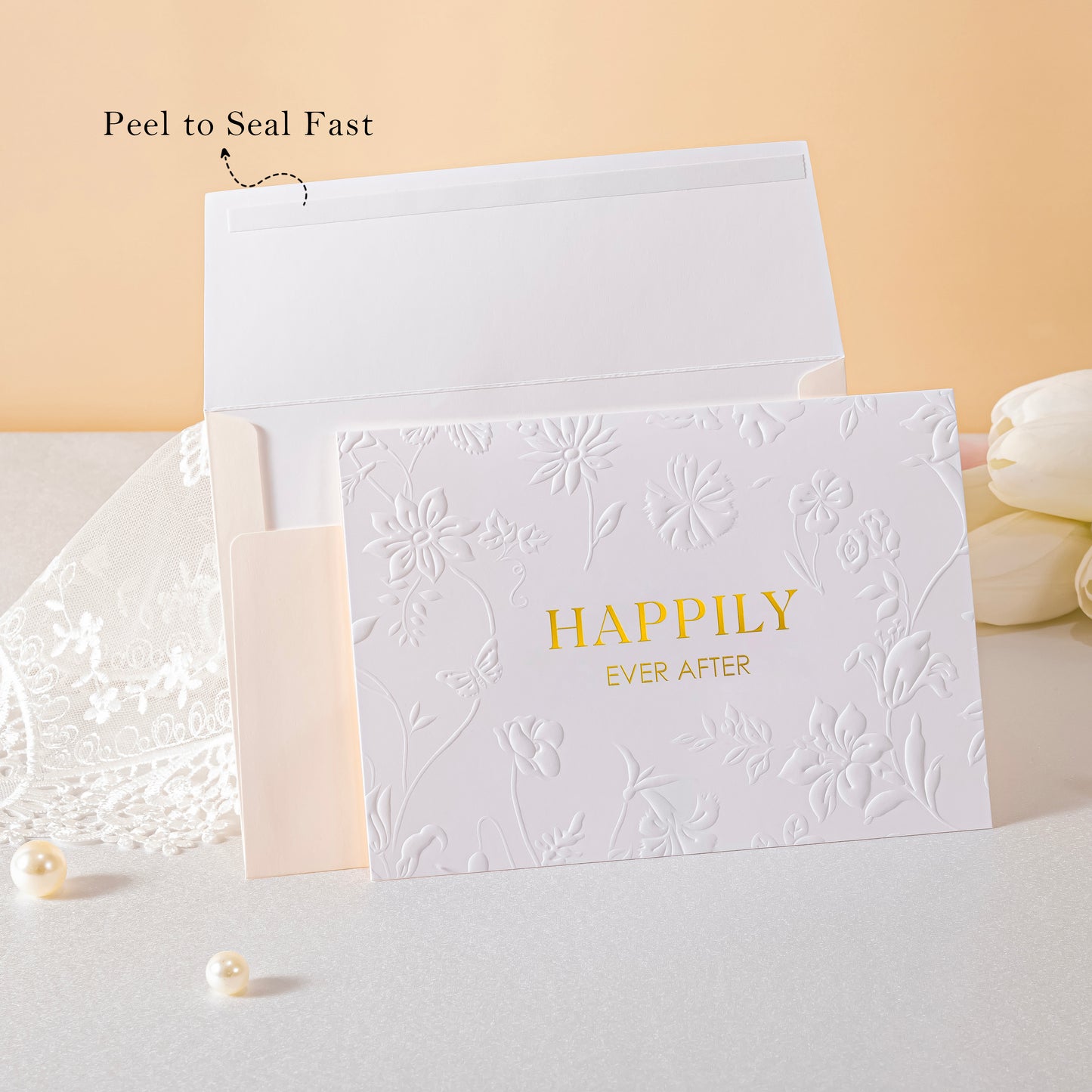 Crisky 13" Embossed Wedding Gift Bag with Pearl Handles, Large Bridal Shower Gift Bag with Greeting Card Tissue Paper Envelopes (Happily Ever After) for Bride, Women, Friends Engagement Party