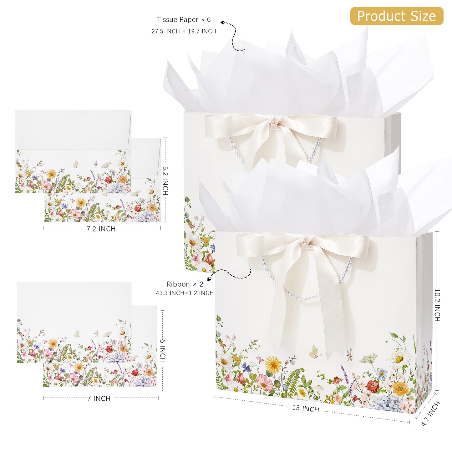 Crisky 2 Pack Wedding Gift Bag with Tissue Paper and Card, Large Gift Bags for Women, Floral Bag for Wedding, Bridal Shower, Engagement, Bachelorette, Birthday, Tea Party