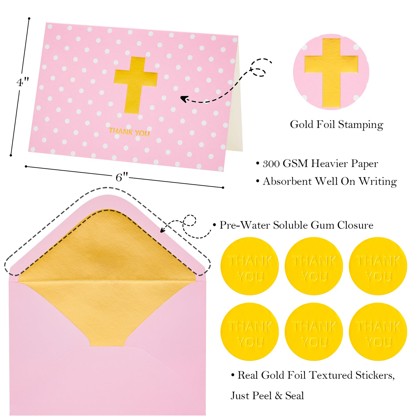 Crisky Girl Baptism Thank You Cards with Envelopes, Christian Cross Thank You Cards Baby Shower, Religious Thank You Cards, 50 pack Pink Gold Foil for Baptism, Wedding, Funeral, Bridal Shower