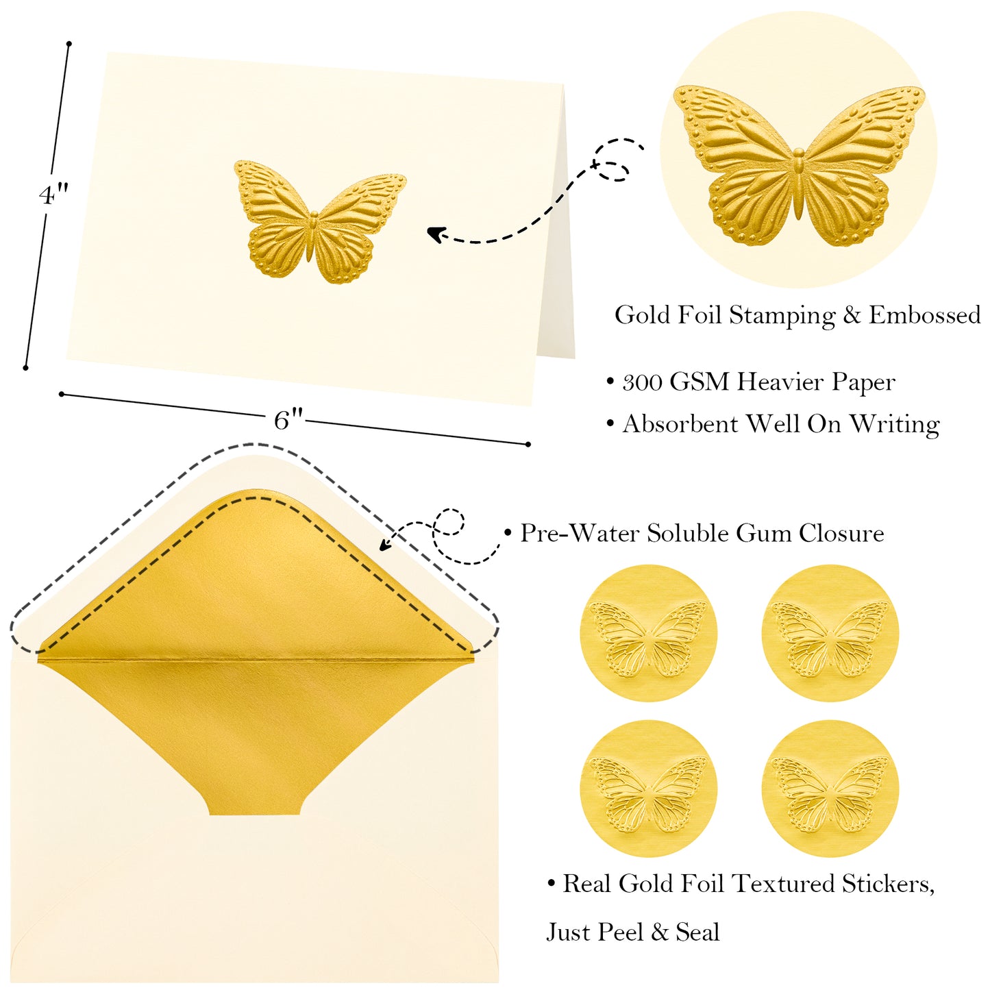 Crisky Embossed Gold Blank Greeting Cards with Envelopes & Stickers 25 Pack Butterfly Note Cards Bulk for Birthday, Baby Shower,Bridal Shower, Wedding, Graduation Blank Inside