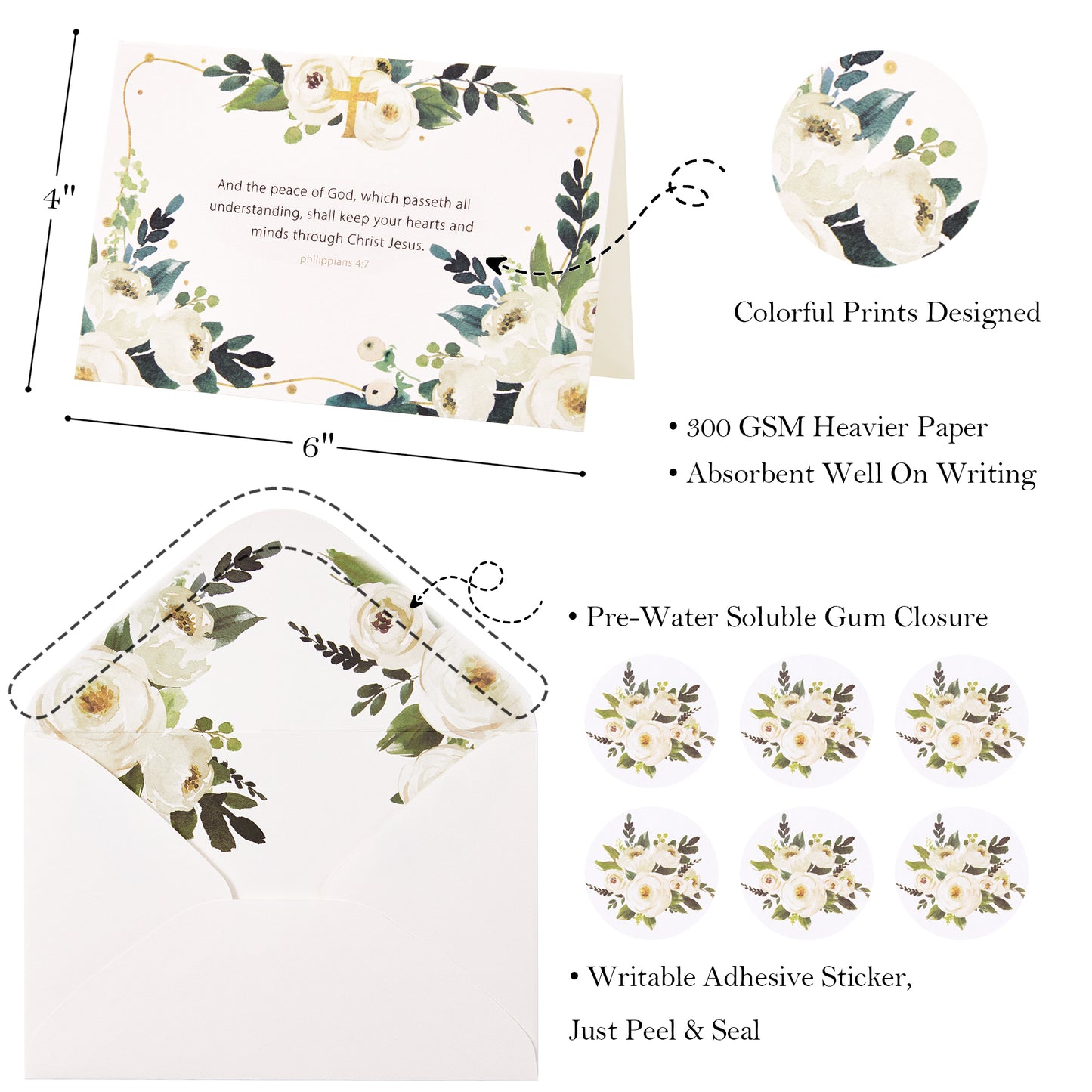 Crisky 12 Pack Religious Sympathy Cards with Scripture Watercolor White Flower with Envelope & Sticker, 4 Assortment (God's Comfort and Bless)