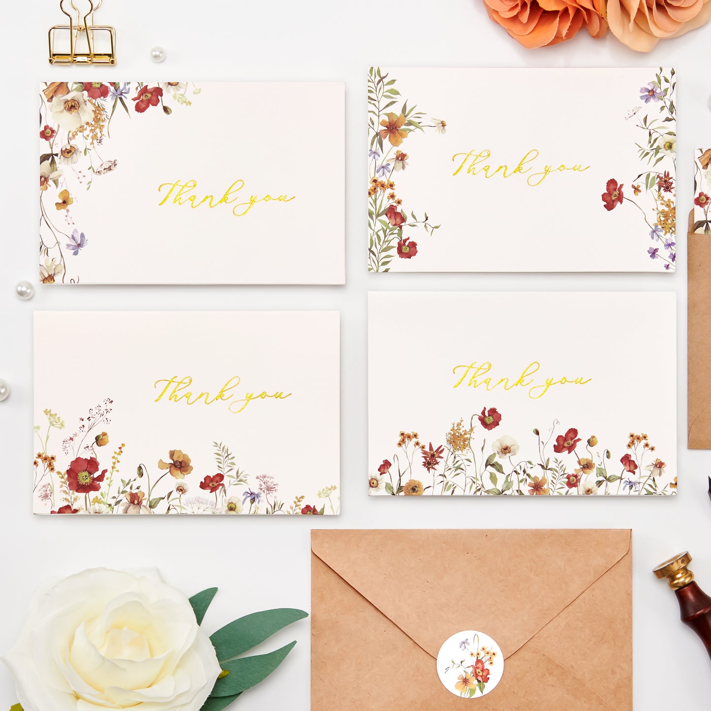 Crisky 50 Pack Thank You Cards with Envelopes, 4 Assortment Floral Watercolor, Perfect for Birthday, Baby Shower, Bridal Shower, Wedding, Graduation, and Other Occasion 4x6 inch
