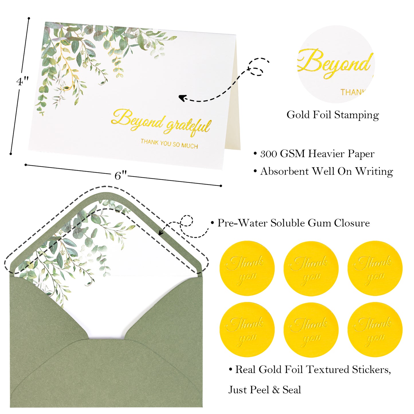 Crisky Gold Foil Beyond Grateful Thank You Cards 4 Assortment,Eucalyptus Leaves (25 Cards with Envelopes for Birthday,Baby Shower,Bridal Shower,Wedding,All Occasion)