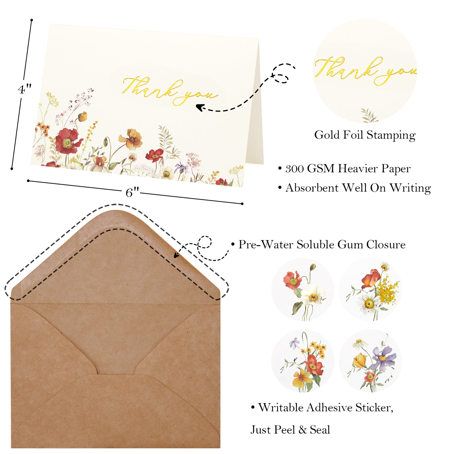 Crisky 50 Pack Thank You Cards with Envelopes, 4 Assortment Floral Watercolor, Perfect for Birthday, Baby Shower, Bridal Shower, Wedding, Graduation, and Other Occasion 4x6 inch