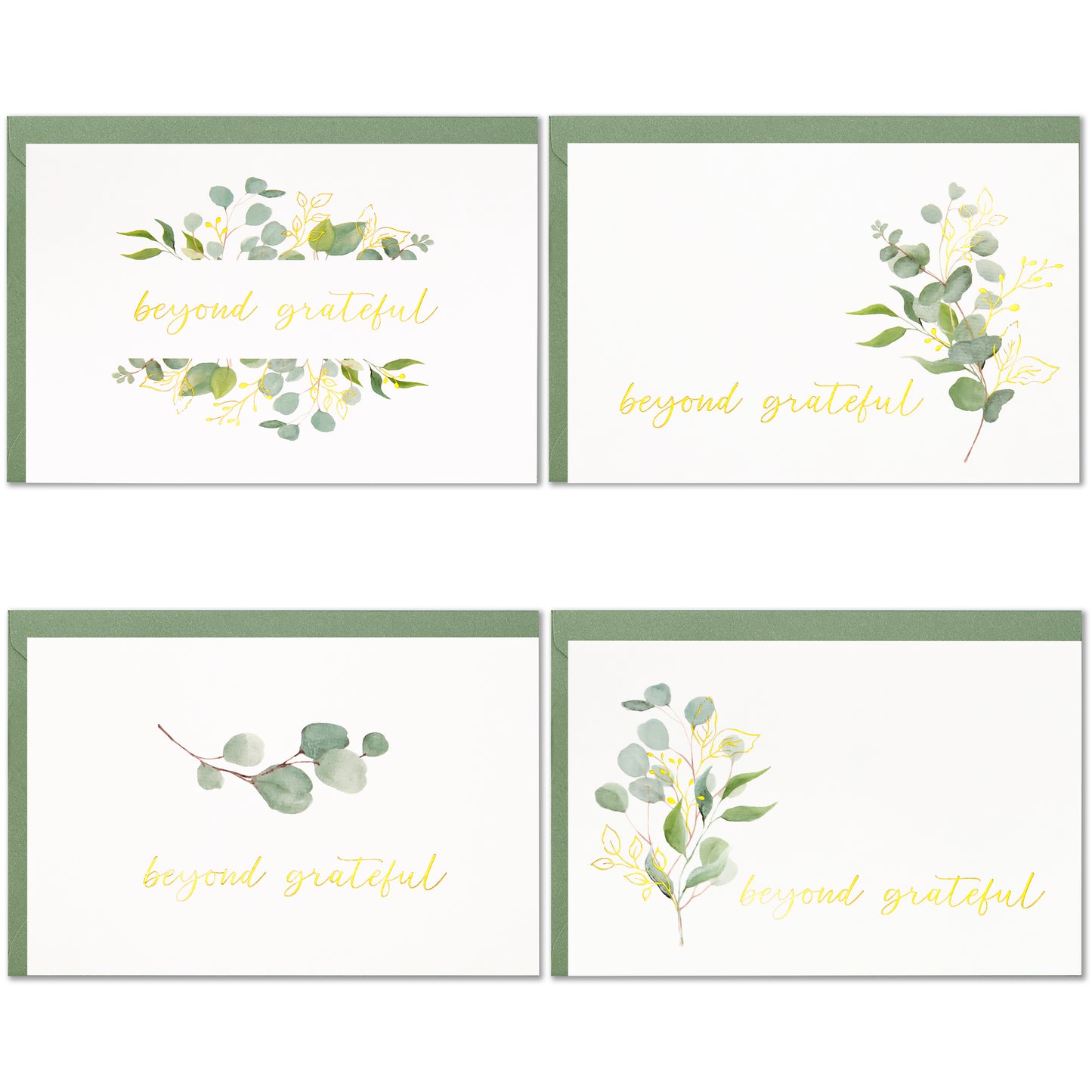 Crisky 4 Assortment Gold Foil Beyond Grateful Thank You Cards (50 pack) with Envelopes, Eucalyptus Leaves, Birthday, Baby Shower, Bridal Shower, Wedding, All Occasion