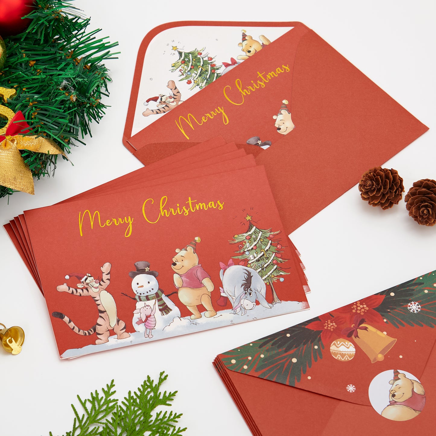 Crisky Winnie the Pooh Christmas Cards with Envelopes for Kids 25 Counts Gold Foil Cute Little Bear Holiday Merry Christmas Greeting Cards