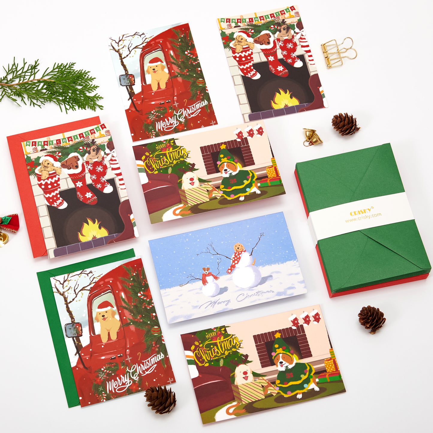 Crisky Dog Merry Christmas Cards with Envelopes & Matching Stickers 25 Pack Merry Chrismas Cards with Envelopes Dog Themed Gold Foil Thank You cards