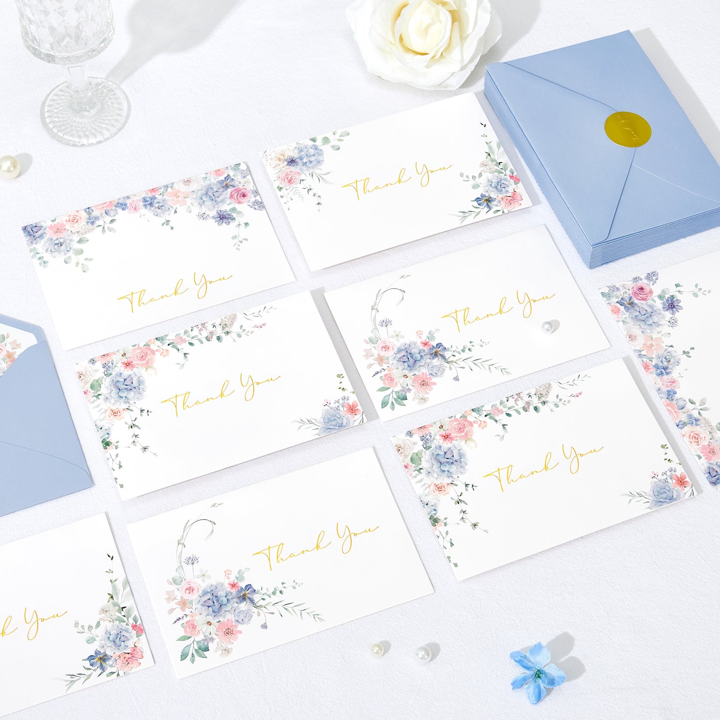 Crisky Floral Thank You Cards with Envelopes, Wildflower Hydrangea Blank Cards and Envelopes, WaterColor Blue Pink Thank You Notes for Wedding, Bridal Shower, Baby Shower Birthday, 50Pcs, 4 x 6 Inch