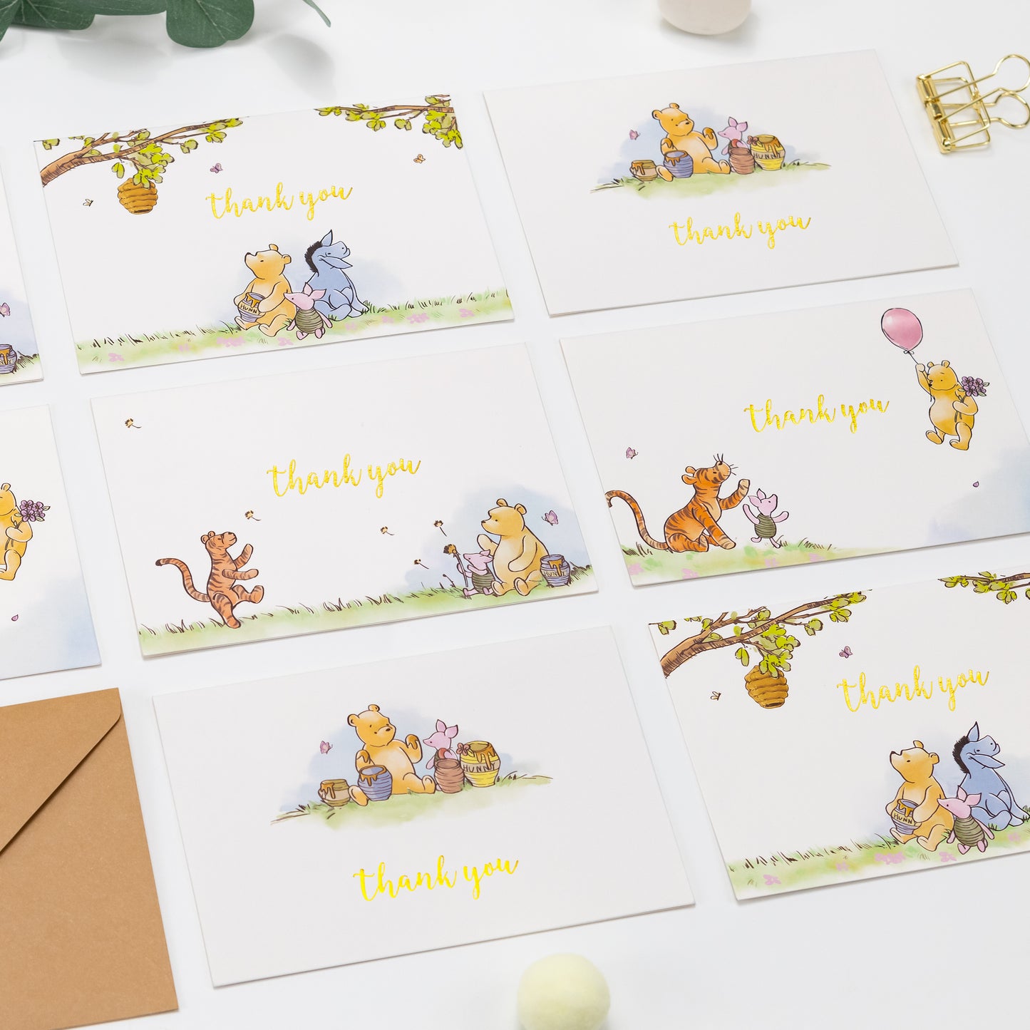 Crisky 50 Pack Winnie the Pooh Thank You Cards Blank Inside with Envelopes and Stickers for Birthdays, Baby Showers, Friendsgiving