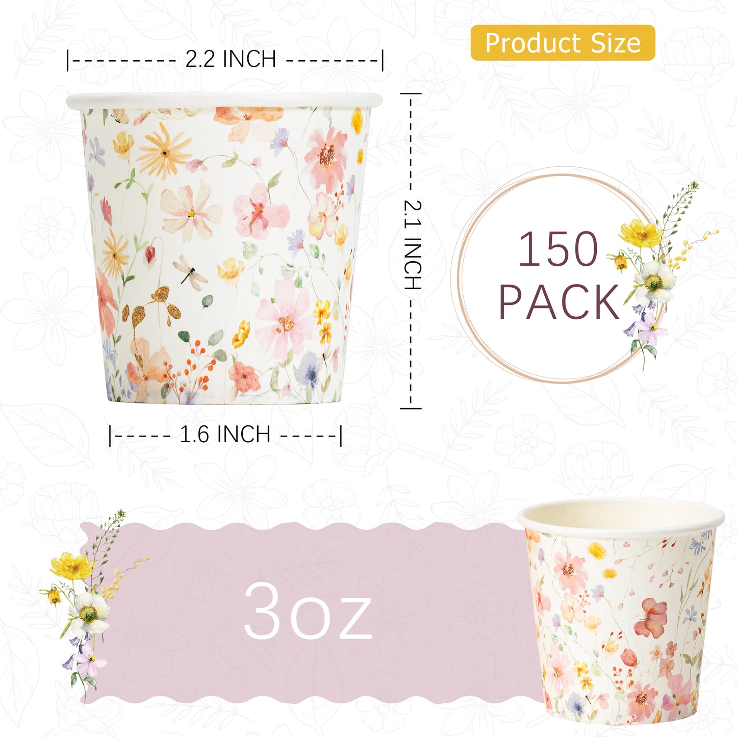 Crisky 150 Pack Paper Bathroom Cups 3oz Disposable Elegant Design Full Floral Small Mouthwash Hot/Cold Beverage Coffee Dessert for Birthday Parties Home-use Picnics Ceremonies
